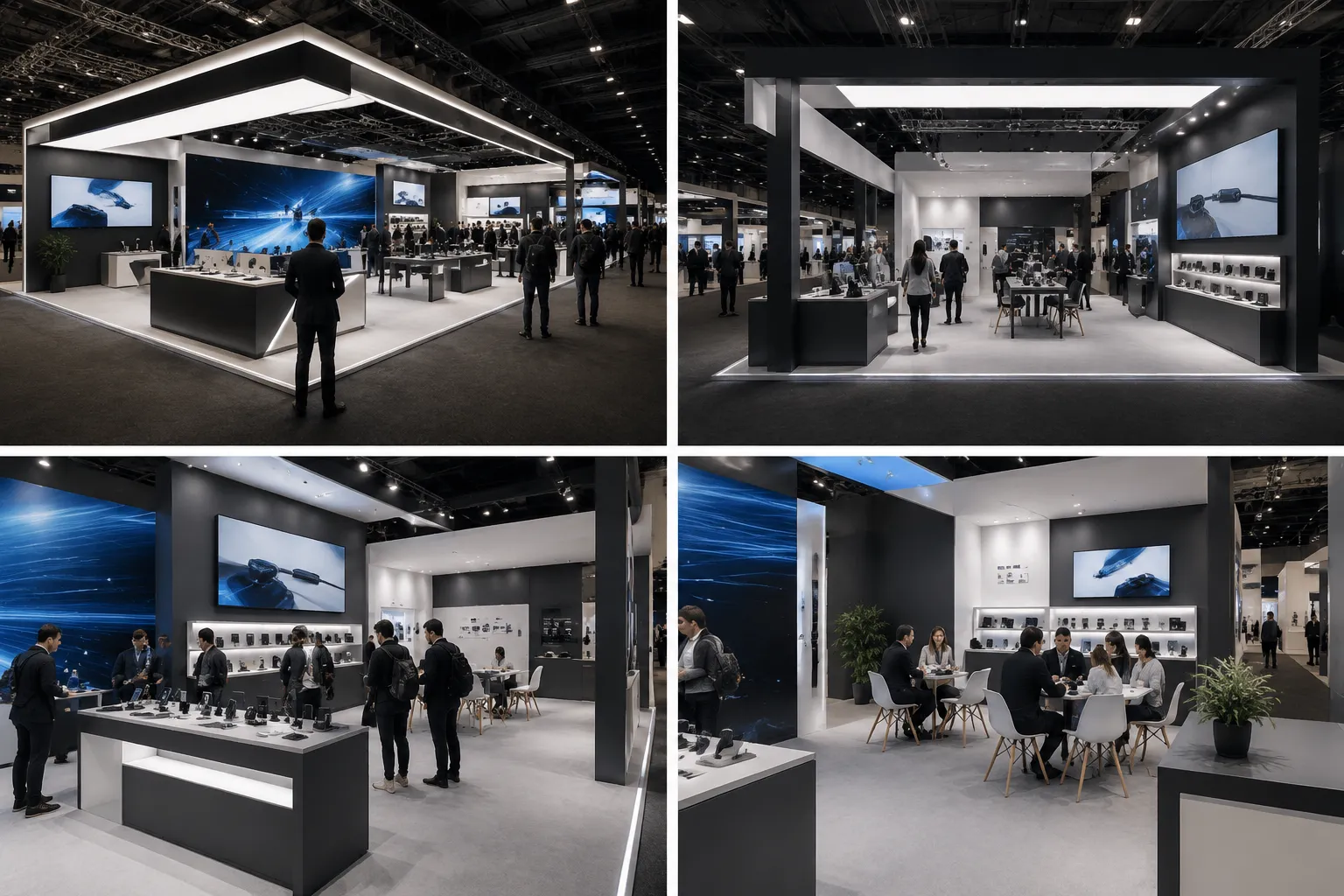 Four matched exhibition concept views from the aisle, threshold, demo edge, and meeting approach