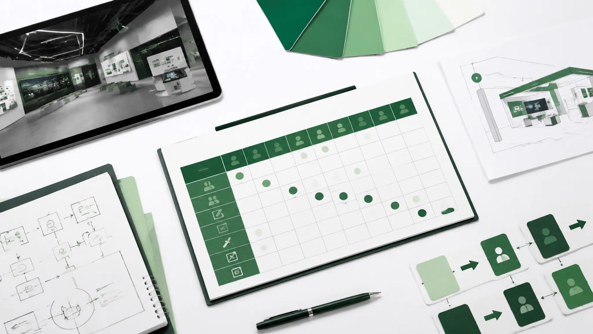 Exhibition handoff matrix connecting visual decisions with project roles