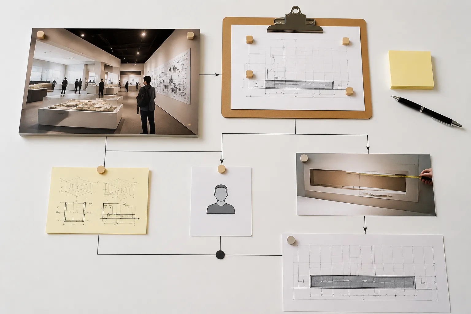 Project review sequence connecting a visitor-view image, artifact record, unresolved question, decision owner, and confirmation