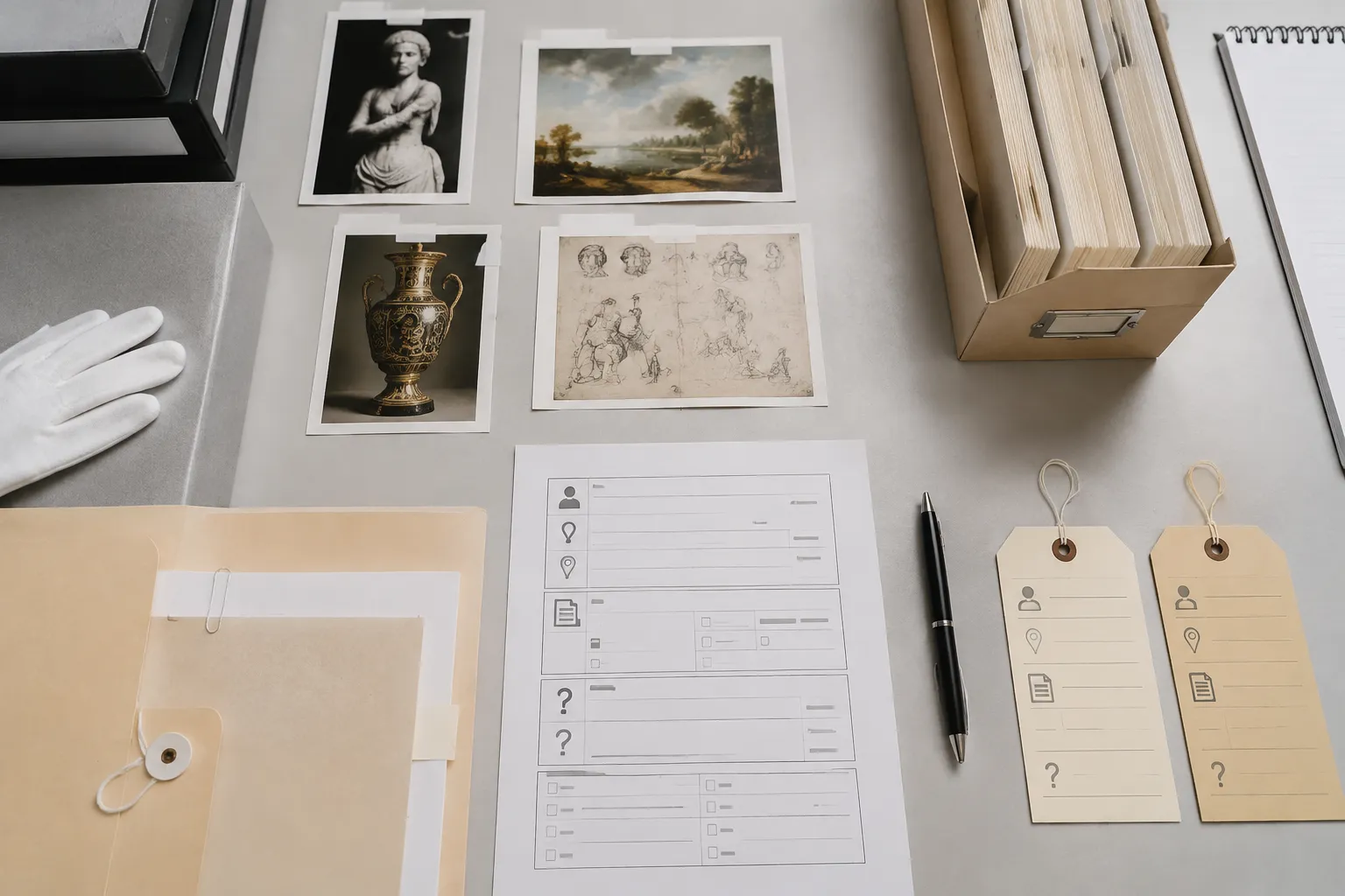 Detailed exhibition asset provenance notes showing source, creator, intended use, and unresolved status fields