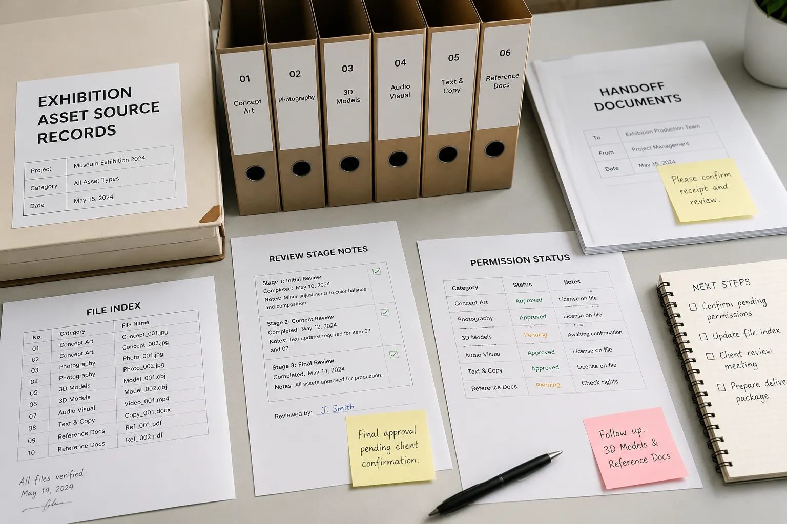 Source status and review stage records arranged for an exhibition asset handoff