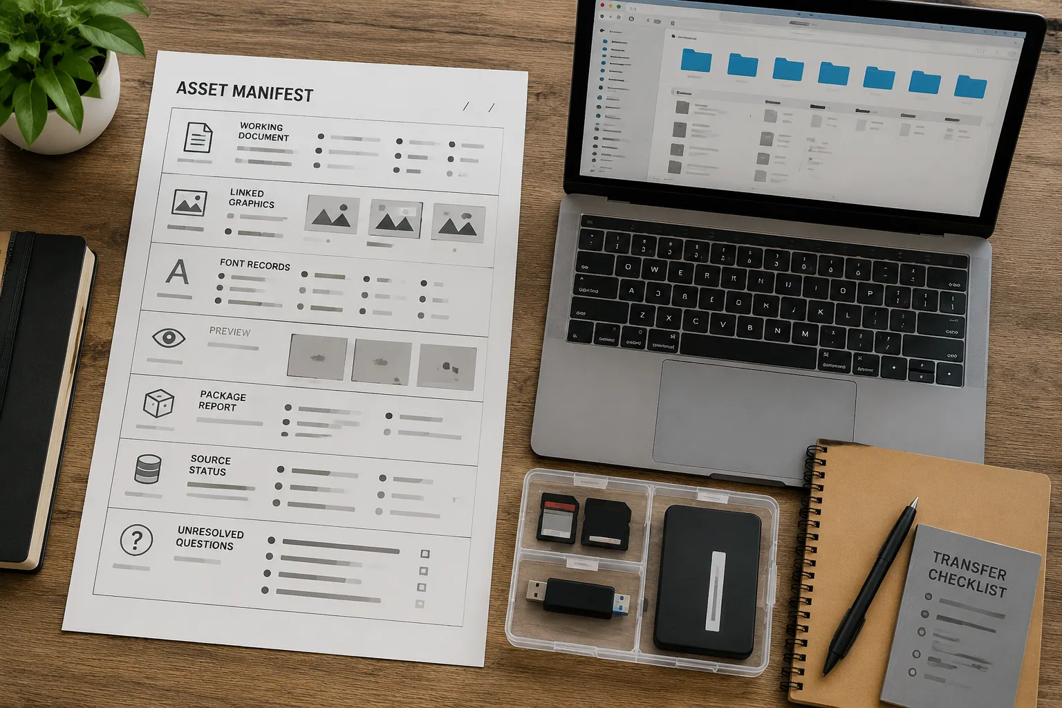 Close view of an asset manifest beside packaged design files, linked graphics, font records, preview, and unresolved status markers