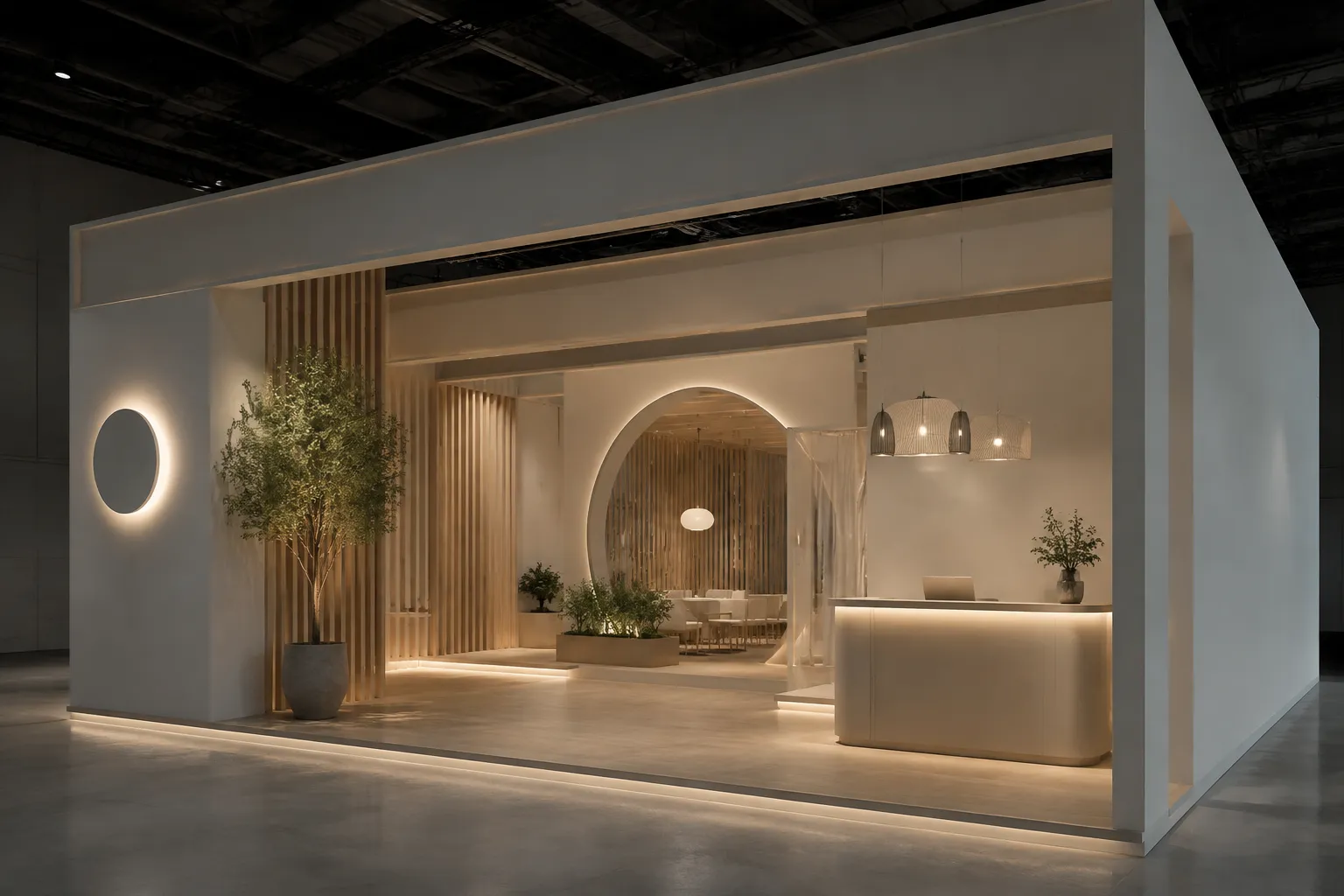 Exhibition booth concept with focal point and zone threshold marked by visible approach cues