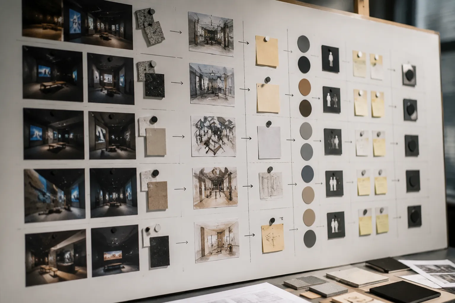 Worked exhibition handoff example mapping observations to interpretations, unresolved questions, routes, and review stages