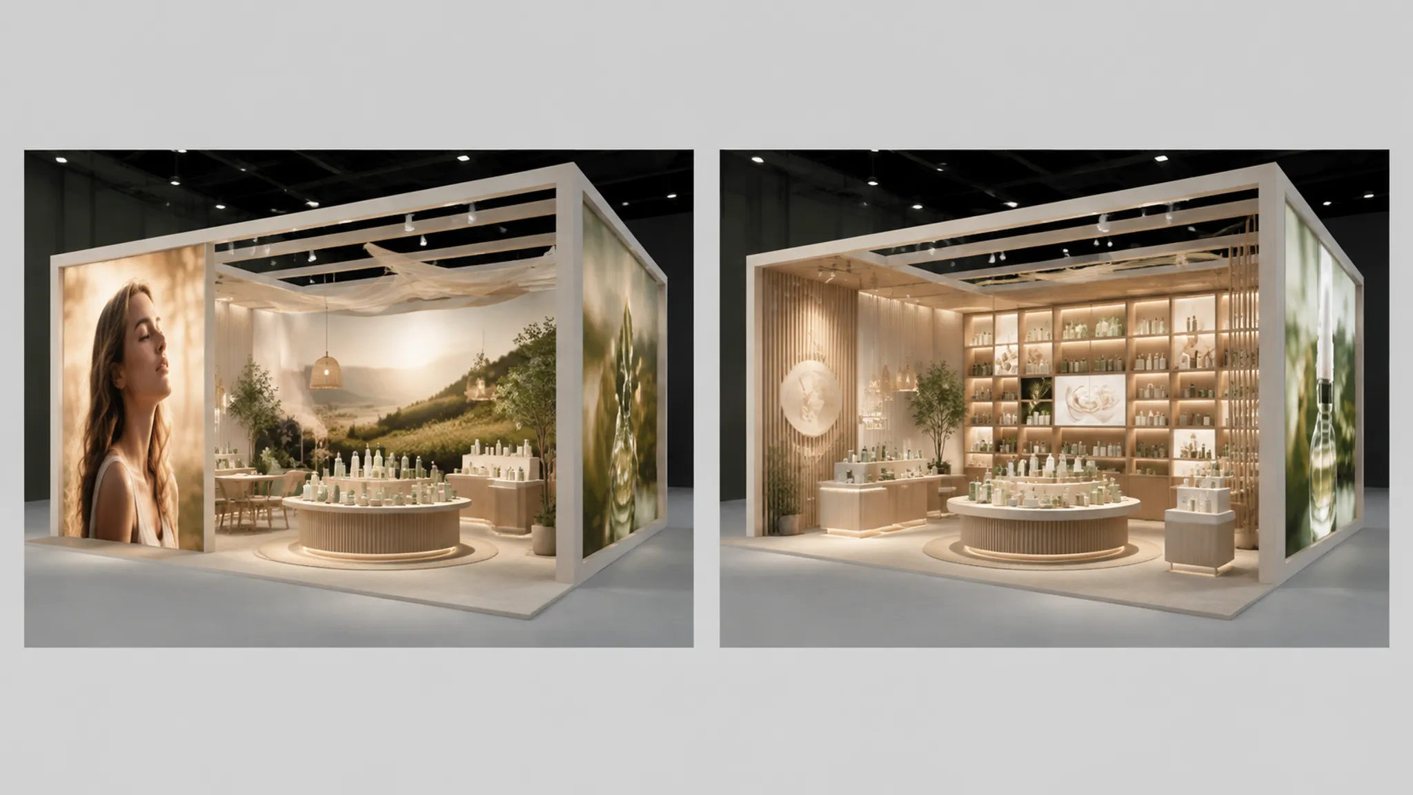 Side-by-side exhibition concept options comparing campaign hierarchy and product focal points