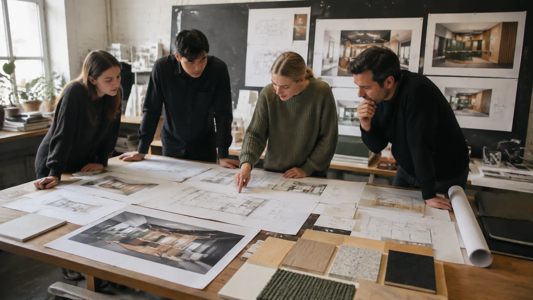 Exhibition project team reviewing a concept handoff beside visitor-view renders, plans, and status records