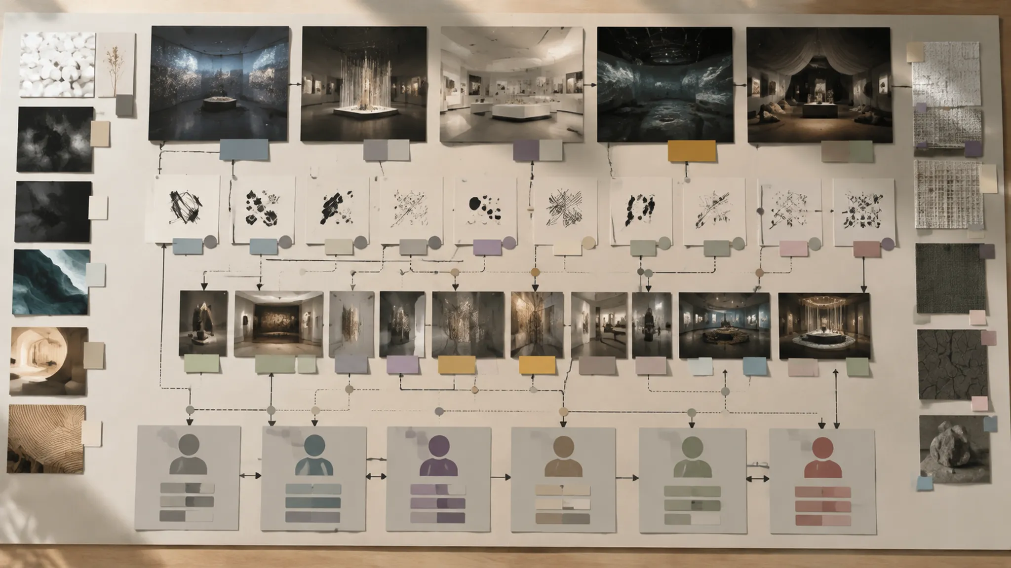 Exhibition project handoff board connecting visual observations, source status, open questions, and responsible roles