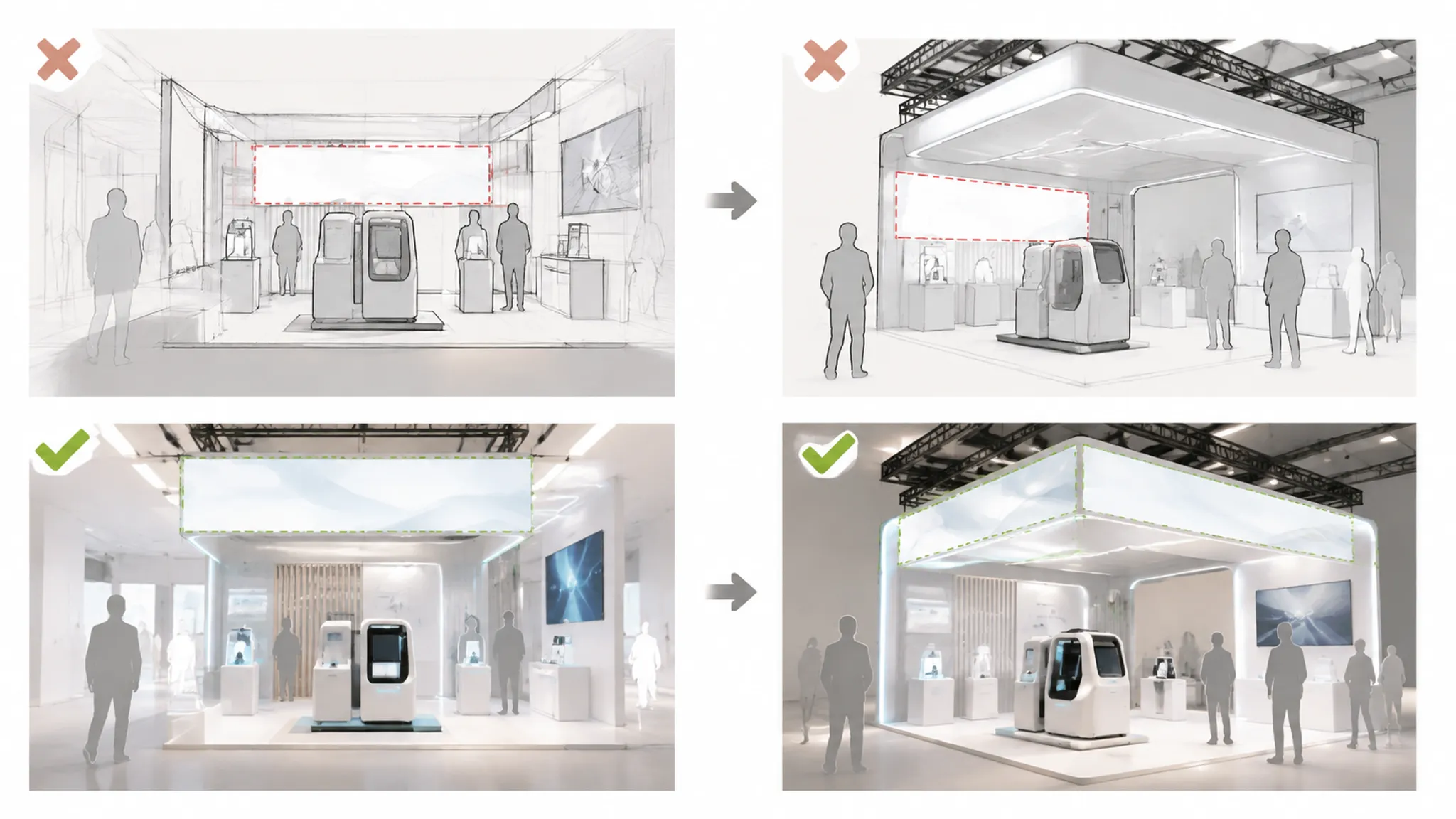Revision sequence showing a campaign headline moved into the upper field visible from the aisle