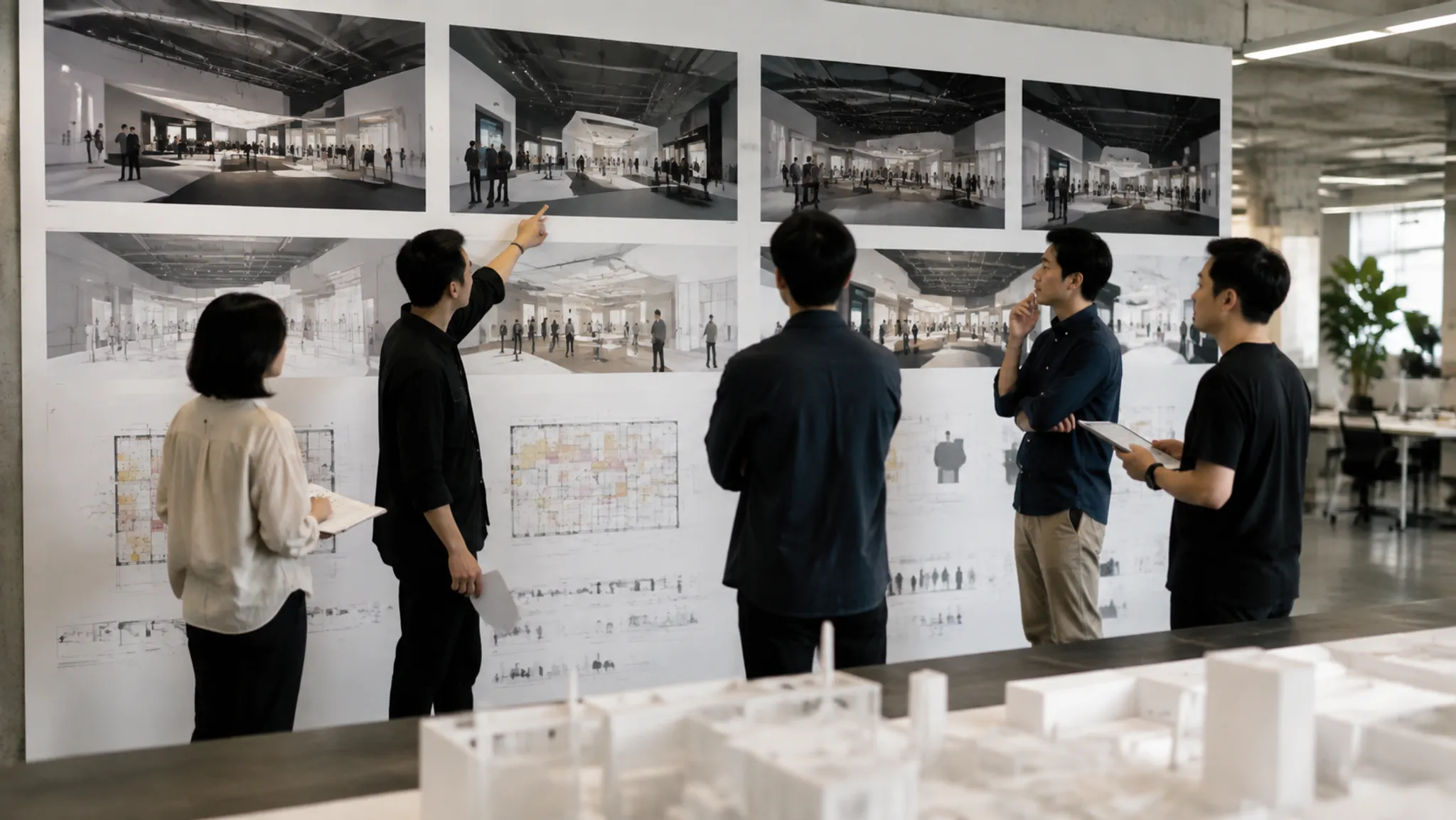Exhibition team comparing visitor-facing concept views and zone relationships