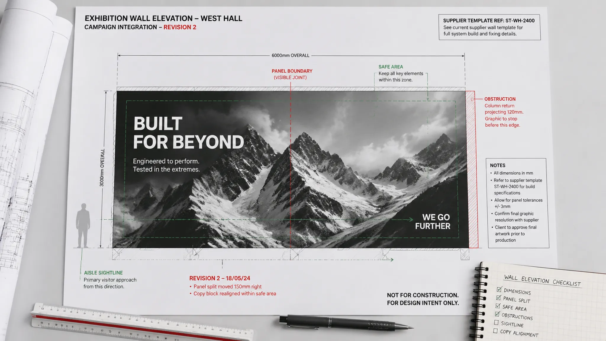Annotated exhibition wall elevation linking a campaign image to its panel, crop area, sightline, obstruction, and supplier template revision