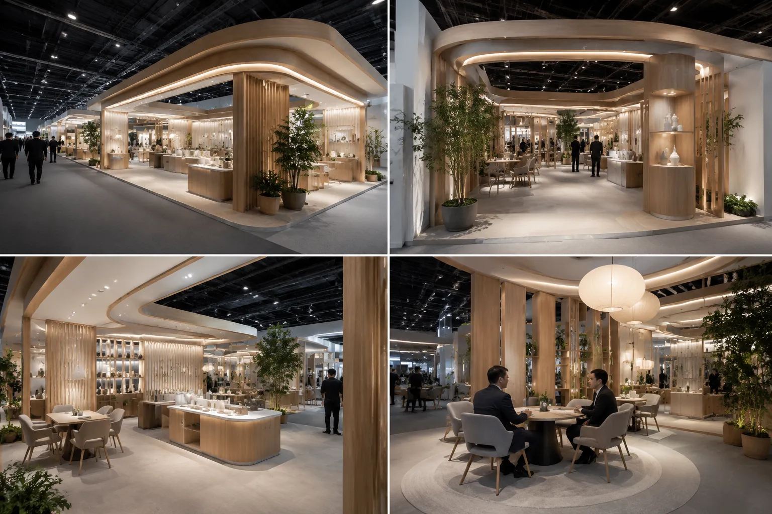 Matched visitor viewpoints of an exhibition concept from aisle, threshold, demonstration edge, and meeting approach