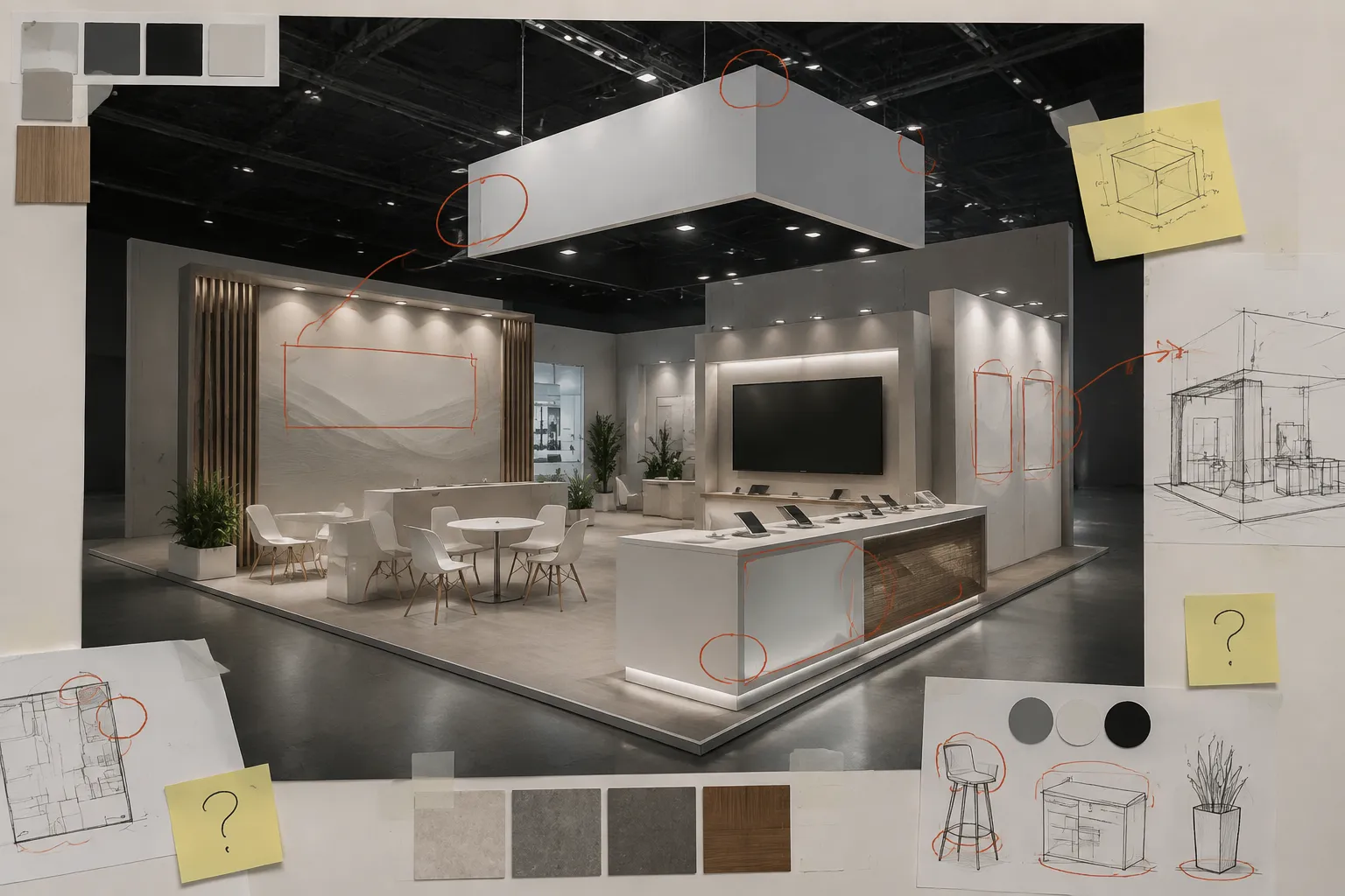 Annotated exhibition concept board showing a suspended sign, demonstration counter, meeting tables, and open review questions