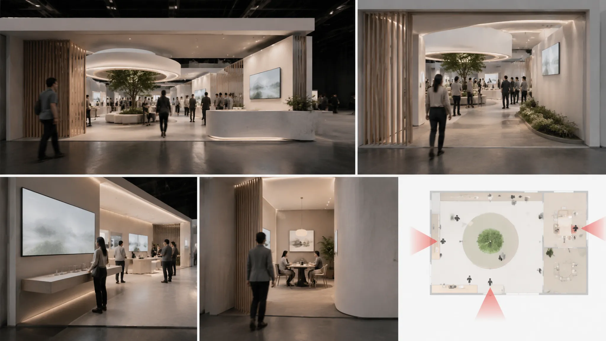 Exhibition booth concept reviewed from aisle, threshold, demo edge, and meeting approach