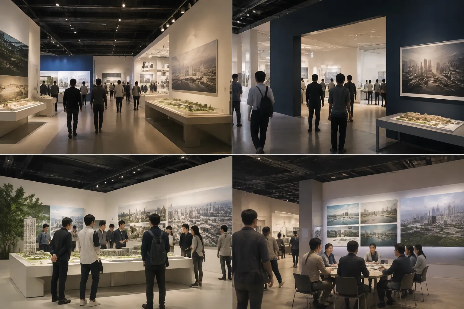 Visitor-view review of an exhibition concept from the aisle, zone threshold, demo edge, and meeting approach