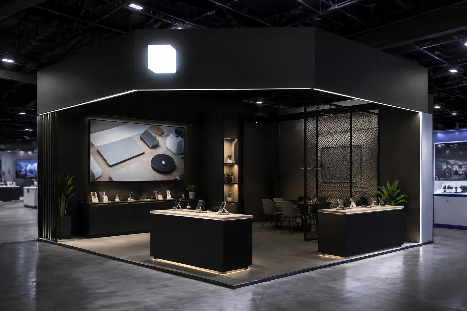 Corner exhibition stand concept with illuminated logo, demonstration counters, campaign graphics, and screened meeting area