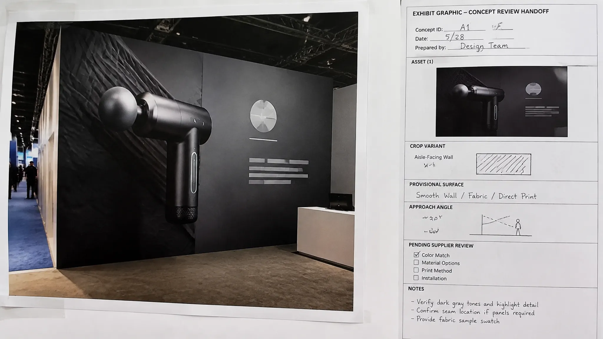 Non-approved exhibition concept preview and handoff record for a product image on an aisle-facing wall, with crop and review-stage markers