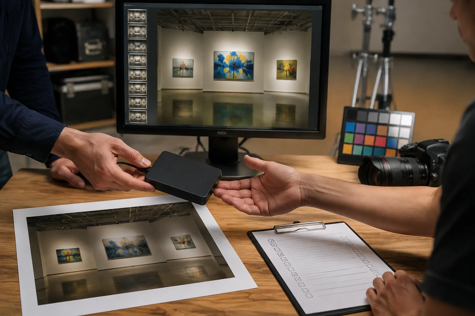 Exhibition production handoff showing image files, embedded metadata, and visible credit placement review