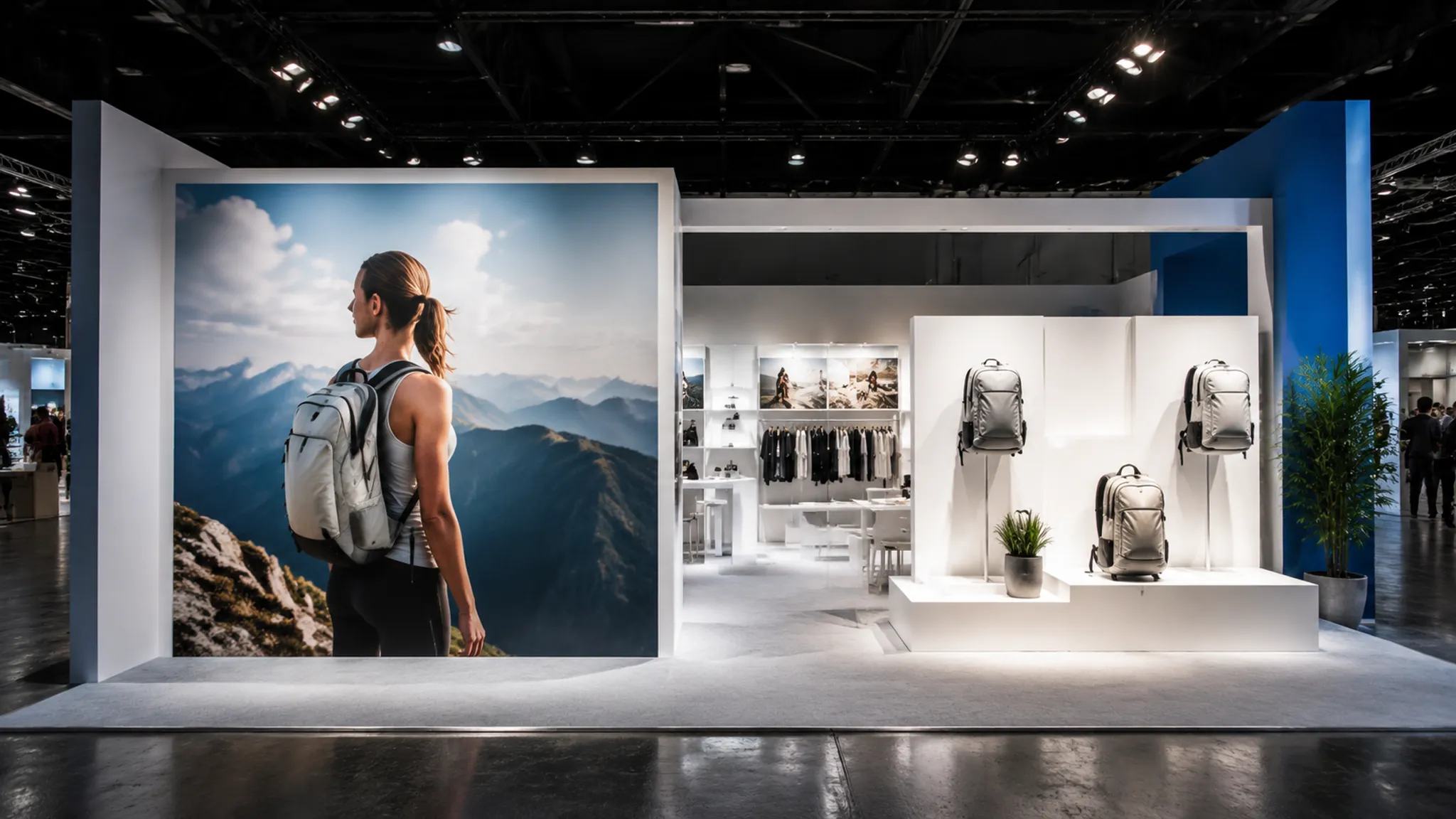 Visitor approach view of an exhibition stand with campaign imagery placed near a focal product message