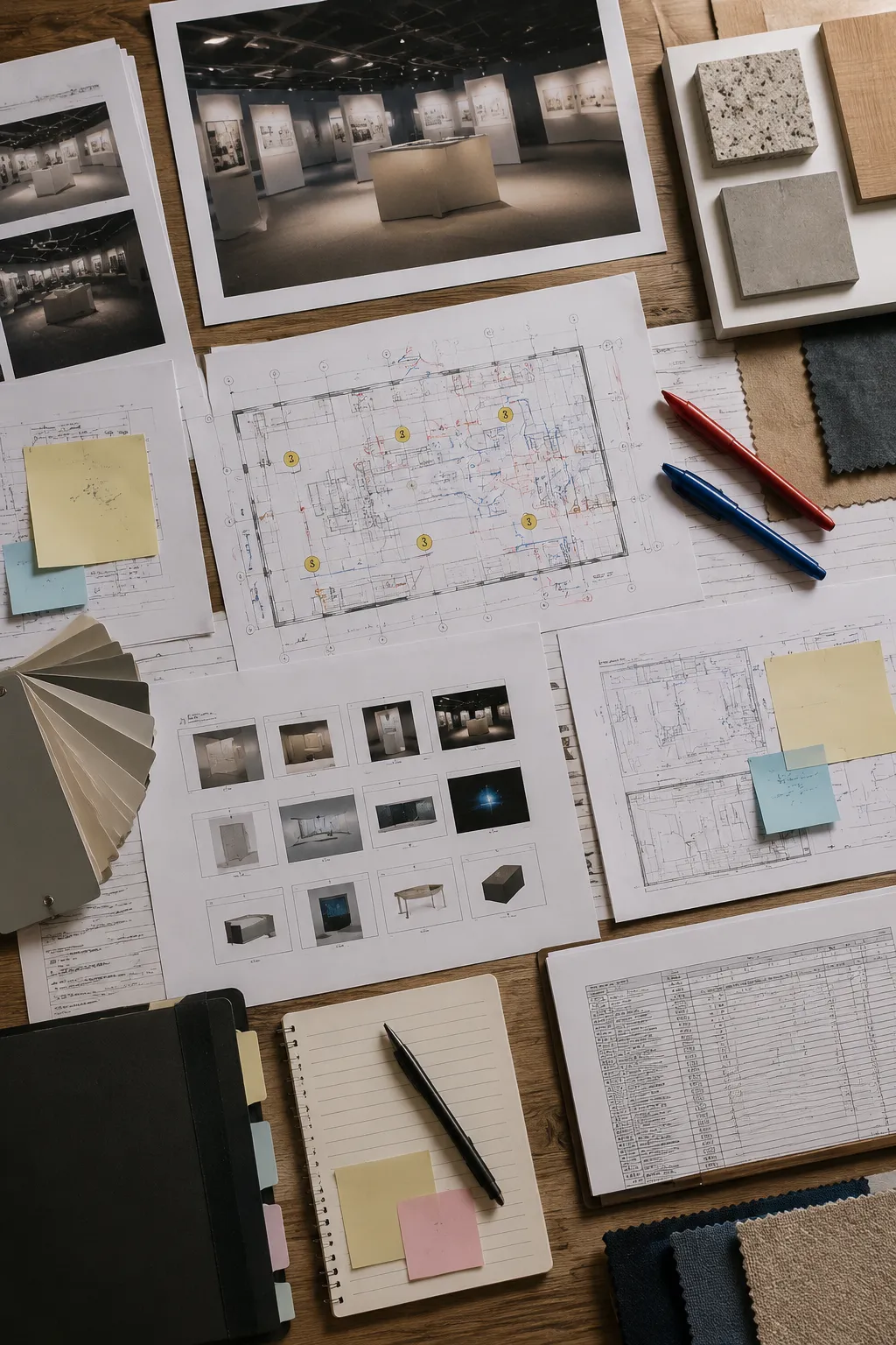 Exhibition handoff documents arranged with revision labels, zone references, material samples, and graphic source records